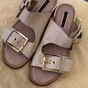 Cream croc print leather sandals